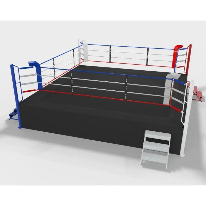 SportCom Pro-Wettkampf-Boxring mit 1 m Podium, Render 6 x 6 m mit schwarzer Ringfläche