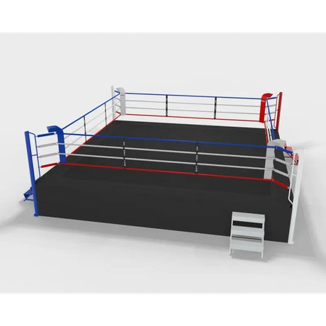 SportCom Pro-Wettkampf-Boxring mit 1 m Podium, Render 7 x 7 m, schwarz mit blauem Seilrand