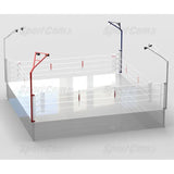 SportCom Pro-Wettkampf-Boxring mit 1 m Podium, Render in Weiß mit Ringpfosten und Beleuchtung