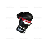 SportCom PU-Sparringshandschuhe, Variante 18 oz in Schwarz mit roter Manschette, Schrägansicht