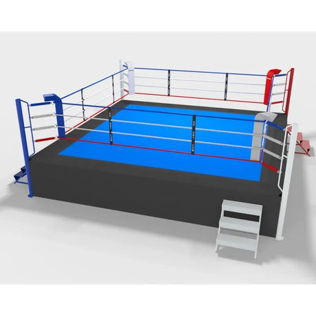 SportCom Ringplane für Wettkampf-Boxringe: Visualisierung eines Rings mit blauer Plane und Treppe, weißer Grund