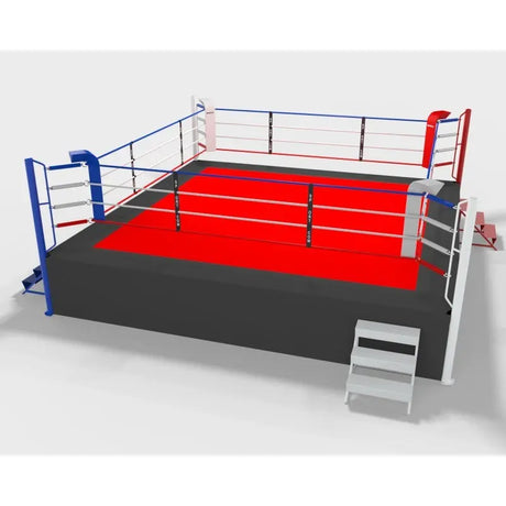 SportCom Ringplane für Wettkampf-Boxringe: Visualisierung eines Rings mit roter Plane und Treppe
