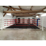SportCom Trainingsboxring mit 15 cm Podium, in einer Halle mit Holzbalken und weißen Seilen