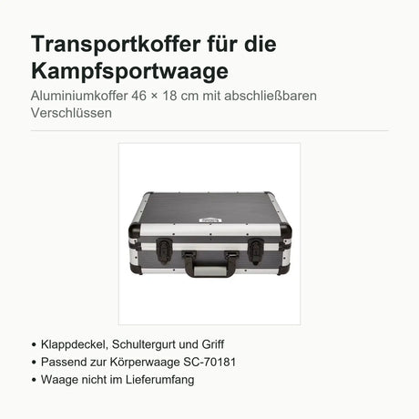 SportCom Transporttasche für Kampfsportwaage als Infografik mit Produktbild und Stichpunkten