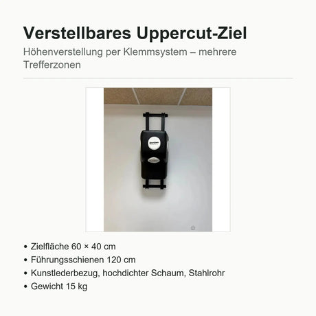 SportCom Uppercut-Ziel verstellbar: Übersicht mit Produktfoto und Stichpunkten zu Zielfläche, Schienen und Material