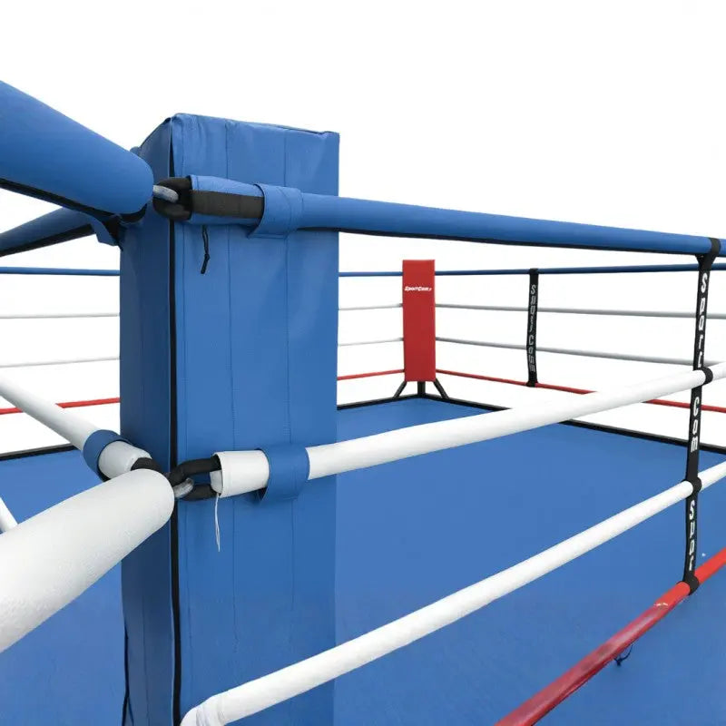 SportCom Wettkampf-Boxringseil mit Hülle in 24 m, Ringecke mit blauem Eckpolster, dritte Ansicht