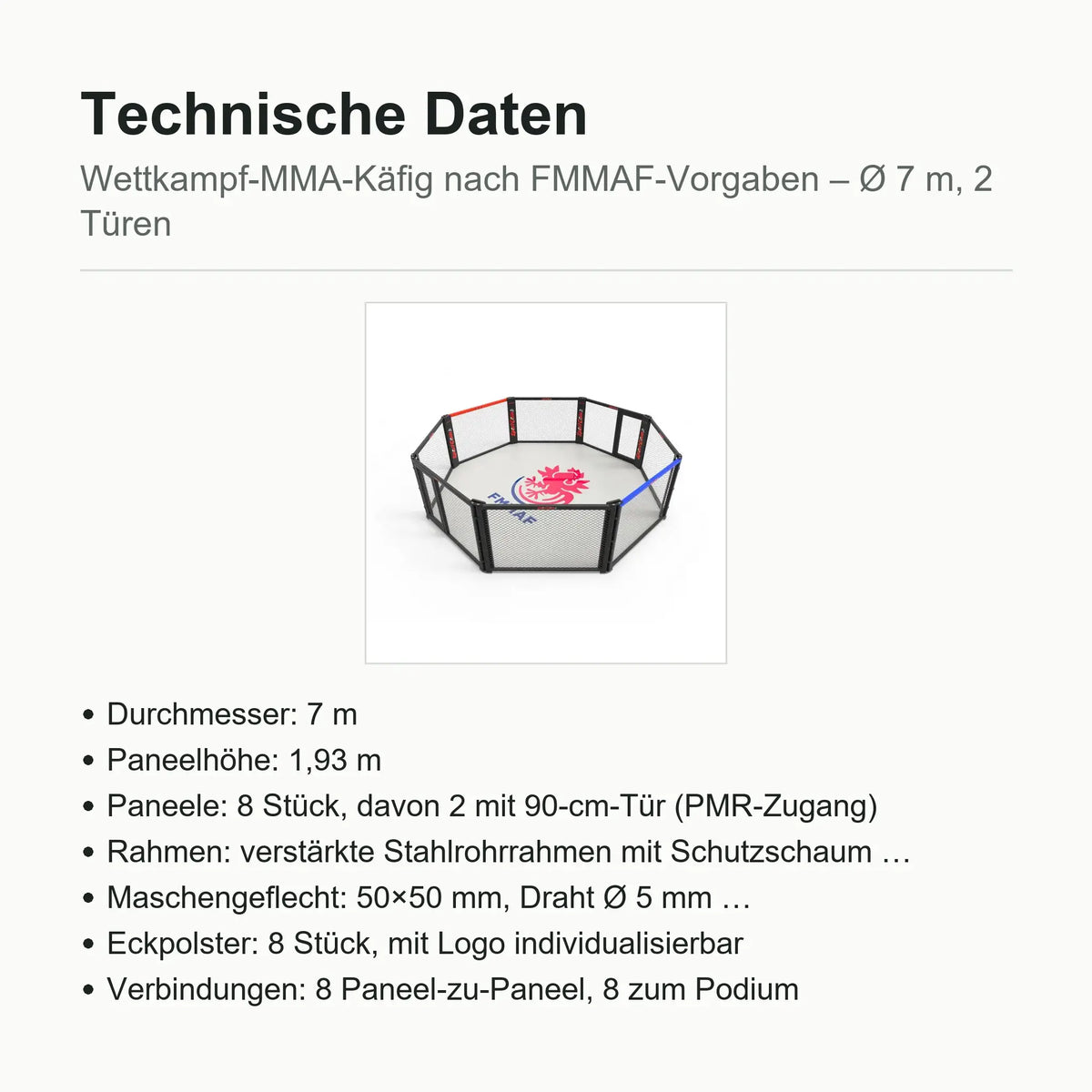 SportCom Wettkampf-MMA-Käfig 7 m auf Podium, Datenblatt mit Durchmesser, Paneelhöhe, Türen und Maschengeflecht