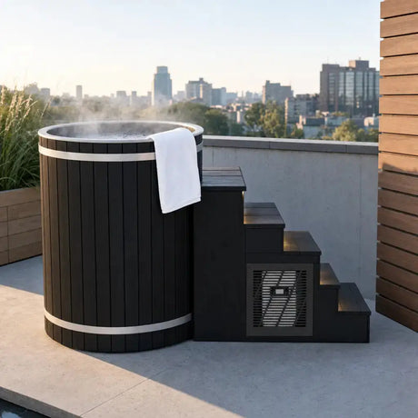 Swedish Cold Nordic Tub Eisbad – auf einer Dachterrasse vor Stadtkulisse, mit Handtuch und dampfendem Wasser