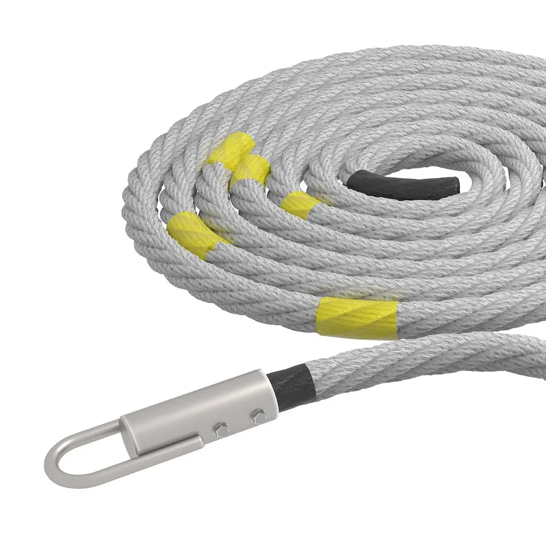 tiguar 4RACE Battle Rope mit Haken im Detail: Metallhaken am Seilende und gelbe Markierungen