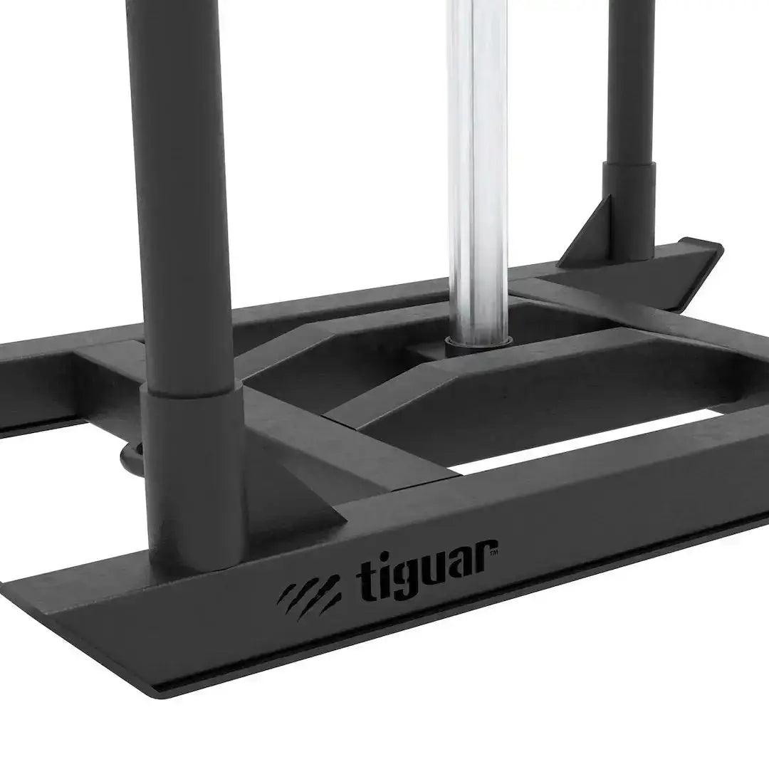 tiguar 4RACE Training Sled, Detail der Kufe mit Markenlogo und Gewichtsdorn