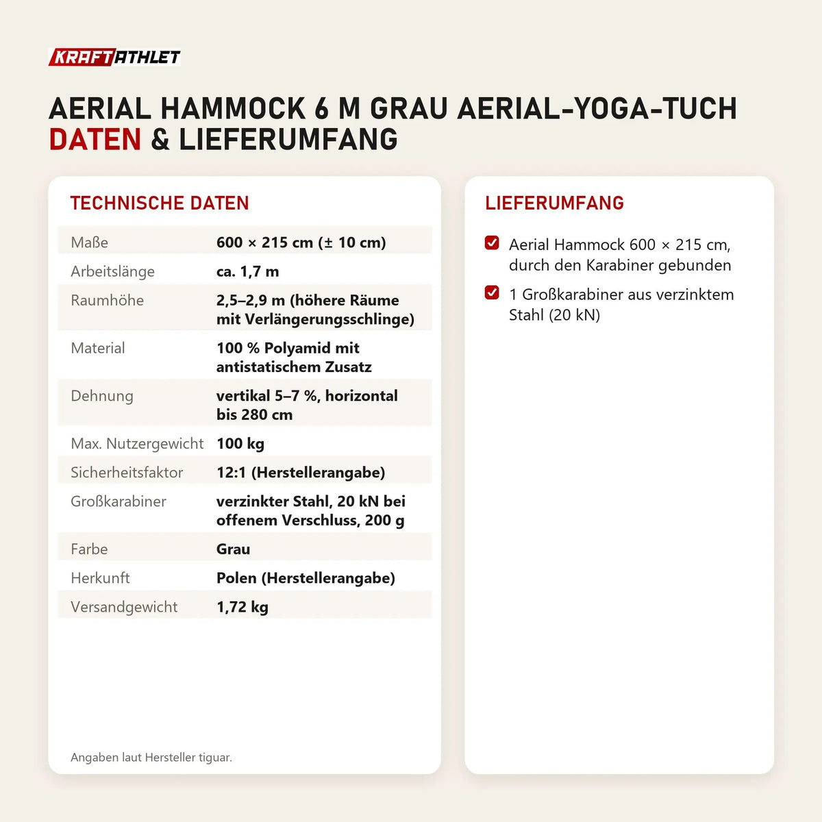 Technische Daten und Lieferumfang von tiguar Aerial Hammock 6 m Grau Aerial-Yoga-Tuch als Tabelle