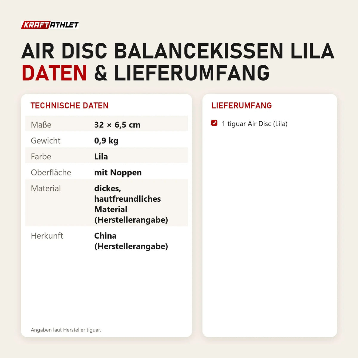 Technische Daten und Lieferumfang von tiguar Air Disc Balancekissen Lila als Tabelle