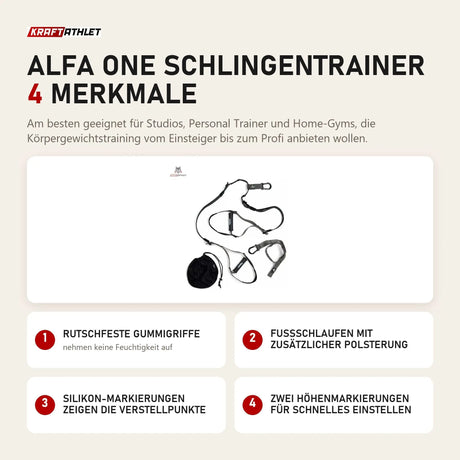 tiguar Alfa One Schlingentrainer mit 4 Merkmalen: Rutschfeste Gummigriffe, Fußschlaufen mit zusätzlicher Polsterung, Silikon-Markierungen zeigen die Verstellpunkte, Zwei Höhenmarkierungen für schnelles Einstellen