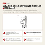 tiguar Alfa PRO Schlingentrainer modular mit 4 Merkmalen: Modulares System, Aerial-Geräte einhängbar, Zwei Verlängerungstypen, Nutzergewicht bis 200 kg