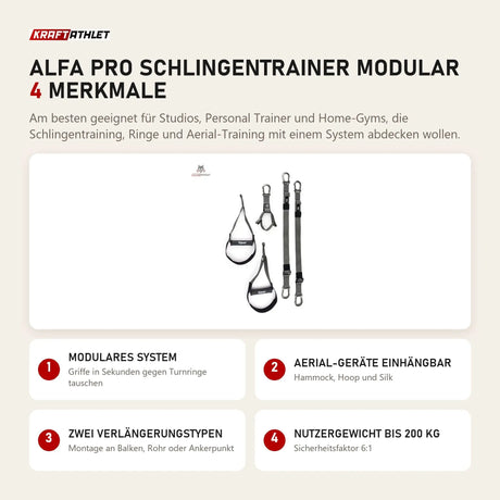 tiguar Alfa PRO Schlingentrainer modular mit 4 Merkmalen: Modulares System, Aerial-Geräte einhängbar, Zwei Verlängerungstypen, Nutzergewicht bis 200 kg
