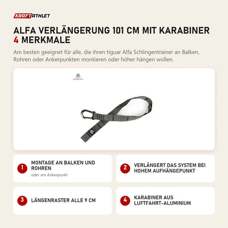 tiguar Alfa Verlängerung 101 cm mit Karabiner mit 4 Merkmalen: Montage an Balken und Rohren, Verlängert das System bei hohem Aufhängepunkt, Längenraster alle 9 cm, Karabiner aus Luftfahrt-Aluminium