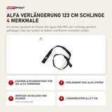 tiguar Alfa Verlängerung 123 cm Schlinge mit 4 Merkmalen: Eigener Aufhängepunkt für die Alfa Turnringe, Verlängert das Alfa System, Montage an Balken und Rohren, Längenraster alle 9 cm
