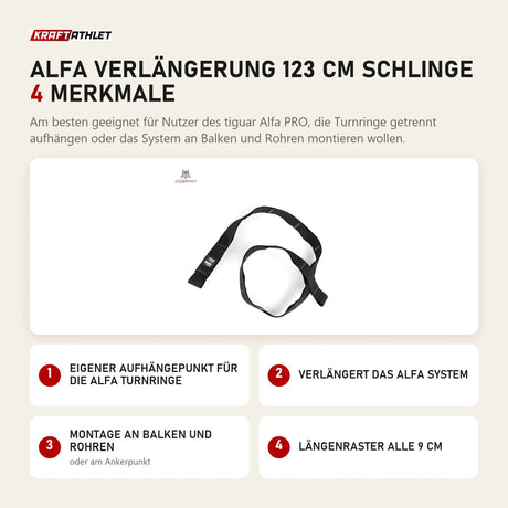 tiguar Alfa Verlängerung 123 cm Schlinge mit 4 Merkmalen: Eigener Aufhängepunkt für die Alfa Turnringe, Verlängert das Alfa System, Montage an Balken und Rohren, Längenraster alle 9 cm