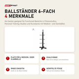 tiguar Ballständer 6-fach mit 4 Merkmalen: Platz für 6 Medizin- oder Slambälle, Ovale Ringe, Ringe einseitig, Geriffelte Füße