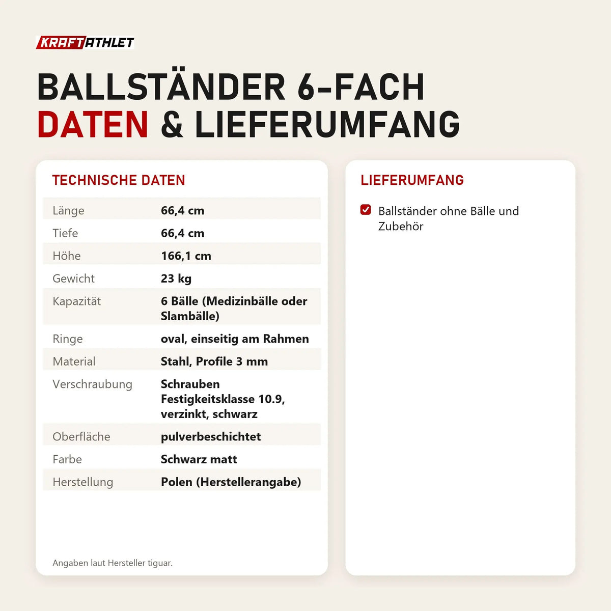 Technische Daten und Lieferumfang von tiguar Ballständer 6-fach als Tabelle