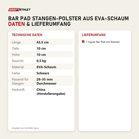 Technische Daten und Lieferumfang von tiguar Bar Pad Stangen-Polster aus EVA-Schaum als Tabelle