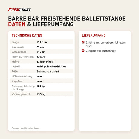 Technische Daten und Lieferumfang von tiguar Barre Bar freistehende Ballettstange als Tabelle