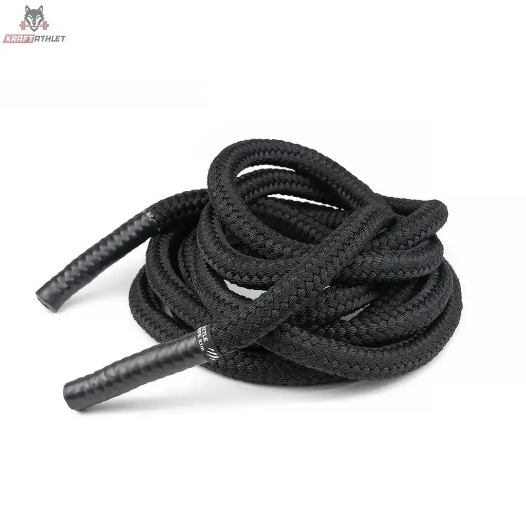 tiguar Battle Rope V2 Trainingsseil in Schwarz, locker gewickelt mit Griffenden vorne, Seitenansicht