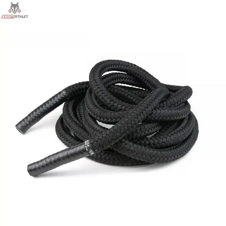 tiguar Battle Rope V2 Trainingsseil in Schwarz, locker gewickelt mit Griffenden vorne, Seitenansicht
