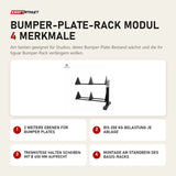 tiguar Bumper-Plate-Rack Modul mit 4 Merkmalen: 2 weitere Ebenen für Bumper Plates, Bis 200 kg Belastung je Ablage, Trennstege halten Scheiben mit Ø 450 mm aufrecht, Montage am Standbein des Basis-Racks