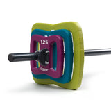 tiguar Butterfly Fitness-Langhantel-Set PU V2, Detail der Butterfly-Scheiben in Grün, Blau und Lila auf der Stange