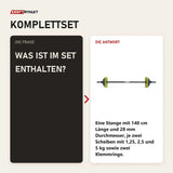 Frage und Antwort zu tiguar Butterfly Fitness-Langhantel-Set PU V2: Was ist im Set enthalten?