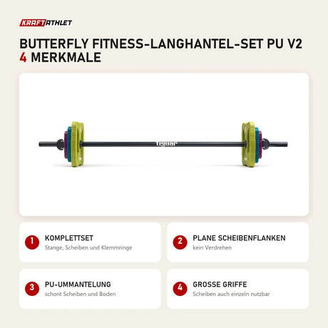 tiguar Butterfly Fitness-Langhantel-Set PU V2 mit 4 Merkmalen: Komplettset, Plane Scheibenflanken, PU-Ummantelung, Große Griffe