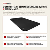 tiguar Comfortmat Trainingsmatte 120 cm mit 4 Merkmalen: Nimmt keine Feuchtigkeit und keinen Staub auf, Rutschhemmende Oberfläche mit runden Noppen, Dämpft und isoliert gegen Schall und Kälte vom Boden, Formstabil auch bei Übungen mit Gewichten