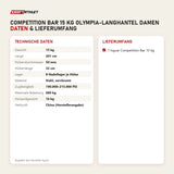 Technische Daten und Lieferumfang von tiguar Competition Bar 15 kg Olympia-Langhantel Damen als Tabelle