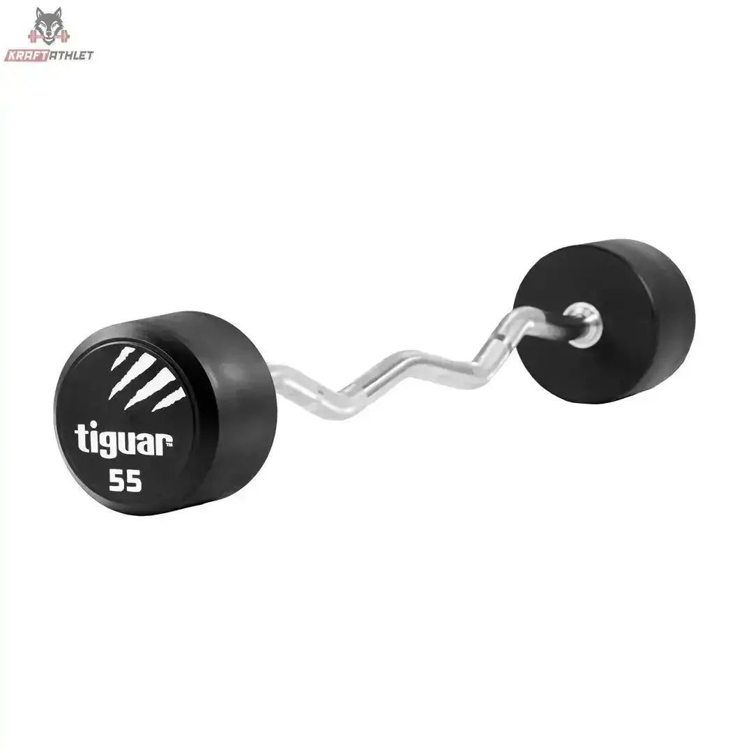 tiguar Curl PU Langhantel in der Ausführung 55 kg, Frontansicht mit gebogener Chromstange