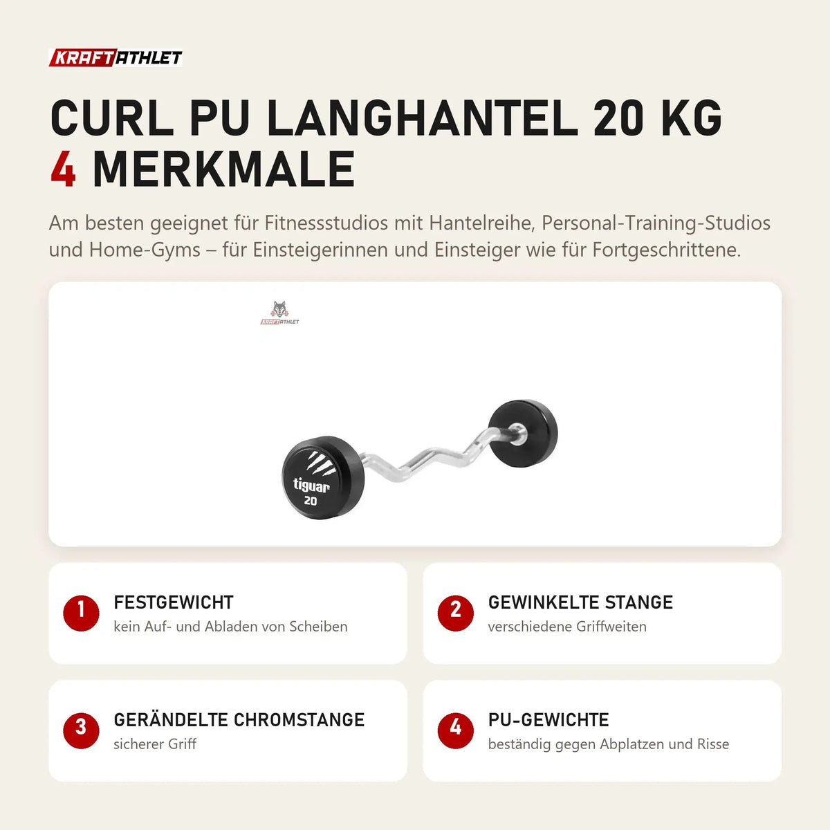 tiguar Curl PU Langhantel 20 kg mit 4 Merkmalen: Festgewicht, Gewinkelte Stange, Gerändelte Chromstange, PU-Gewichte