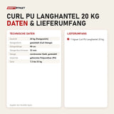 Technische Daten und Lieferumfang von tiguar Curl PU Langhantel 20 kg als Tabelle