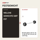 Frage und Antwort zu tiguar Gerade PU Langhantel 15 kg: Welche Gewichte gibt es?