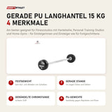 tiguar Gerade PU Langhantel 15 kg mit 4 Merkmalen: Festgewicht, Gerade Stange, Gerändelte Chromstange, PU-Gewichte