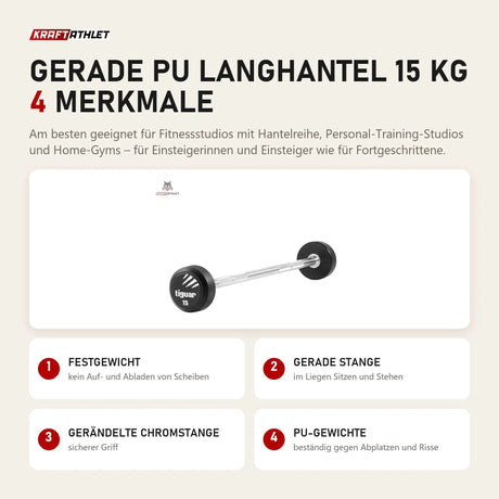 tiguar Gerade PU Langhantel 15 kg mit 4 Merkmalen: Festgewicht, Gerade Stange, Gerändelte Chromstange, PU-Gewichte