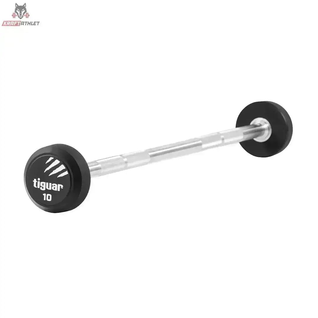 tiguar Gerade PU Langhantel 15 kg, Variante 10 kg, Schrägansicht mit PU-Scheiben