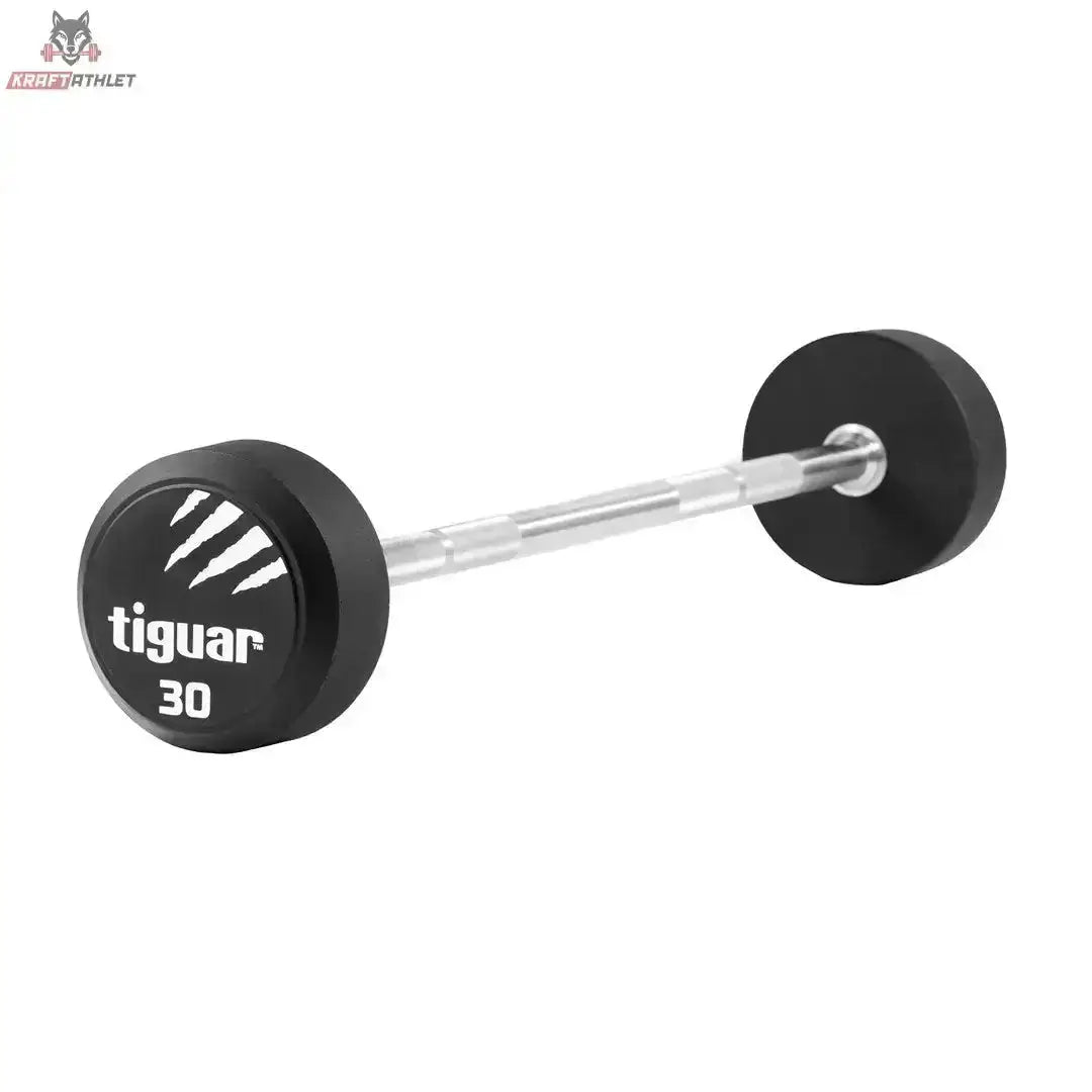 tiguar Gerade PU Langhantel 15 kg, Variante 30 kg, Schrägansicht mit PU-Scheiben