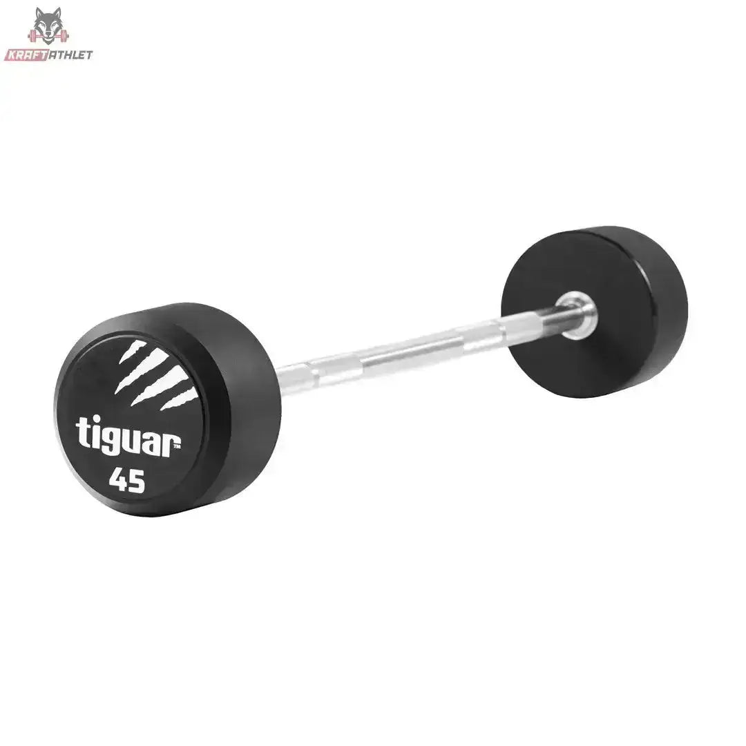tiguar Gerade PU Langhantel 15 kg, Variante 45 kg, Schrägansicht mit PU-Scheiben