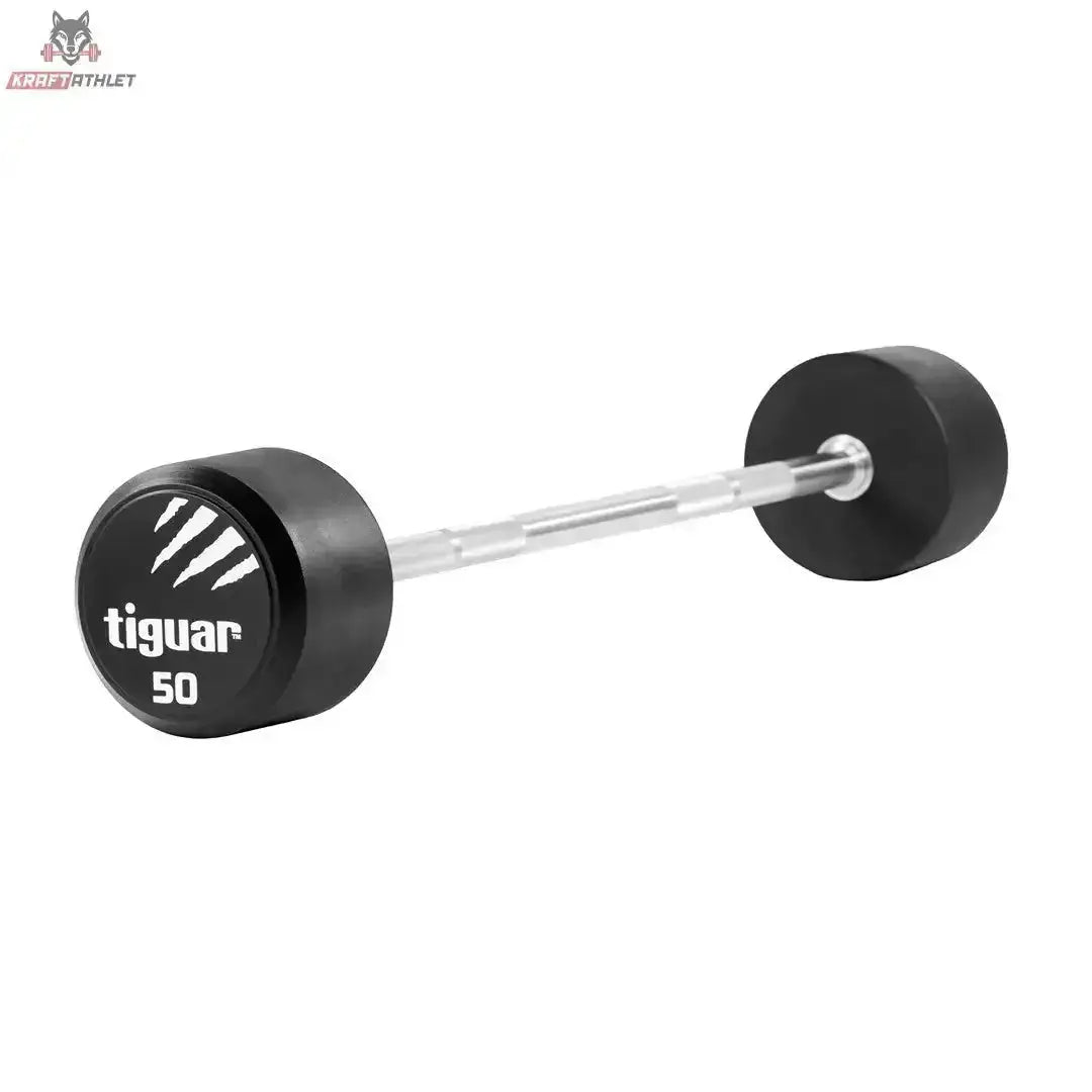 tiguar Gerade PU Langhantel 15 kg, Variante 50 kg, Schrägansicht mit PU-Scheiben