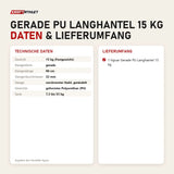 Technische Daten und Lieferumfang von tiguar Gerade PU Langhantel 15 kg als Tabelle