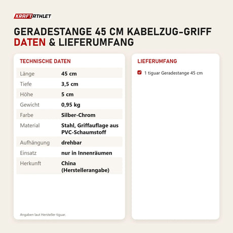 Technische Daten und Lieferumfang von tiguar Geradestange 45 cm Kabelzug-Griff als Tabelle