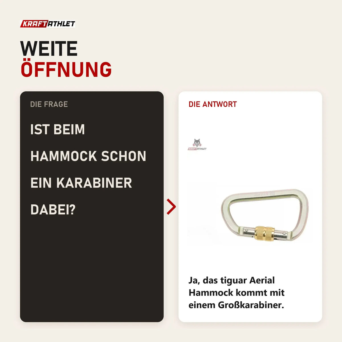 Frage und Antwort zu tiguar Großkarabiner Aerial-Karabiner: Ist beim Hammock schon ein Karabiner dabei?