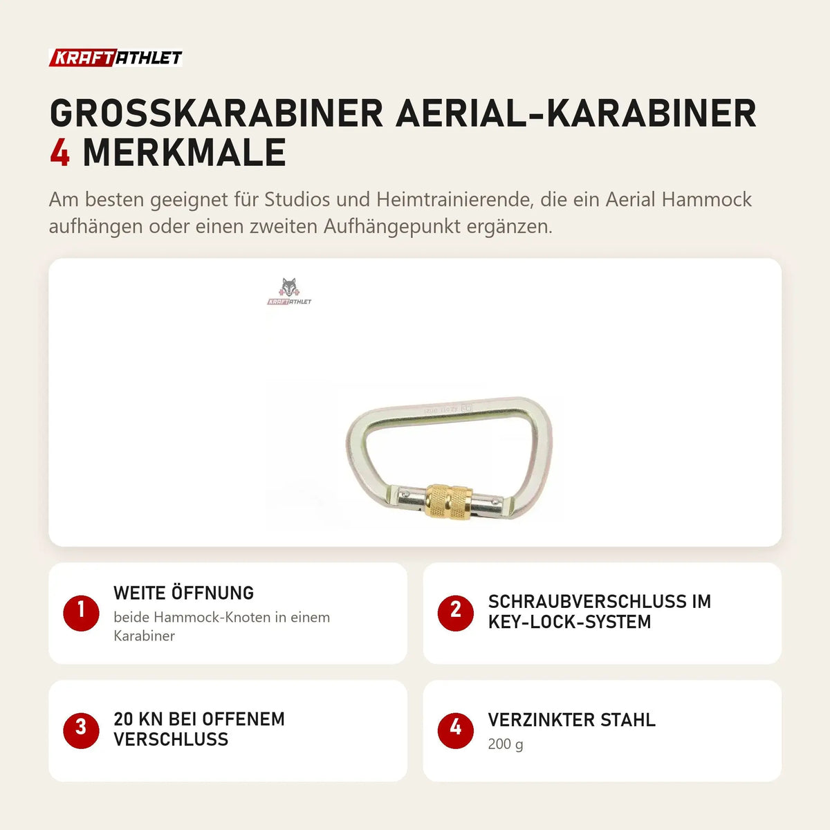 tiguar Großkarabiner Aerial-Karabiner mit 4 Merkmalen: Weite Öffnung, Schraubverschluss im Key-Lock-System, 20 kN bei offenem Verschluss, Verzinkter Stahl