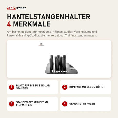 tiguar Hantelstangenhalter mit 4 Merkmalen: Platz für bis zu 8 Stangen, Kompakt mit 21,8 cm Höhe, Stangen gesammelt an einem Platz, Gefertigt in Polen