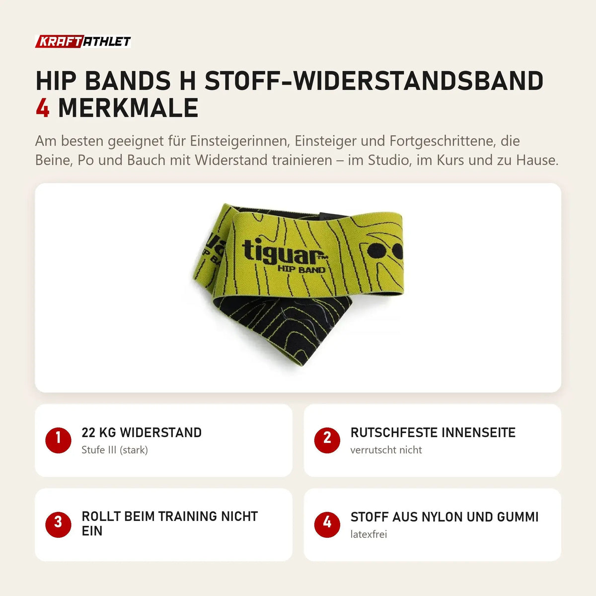 tiguar Hip Bands H Stoff-Widerstandsband mit 4 Merkmalen: 22 kg Widerstand, Rutschfeste Innenseite, Rollt beim Training nicht ein, Stoff aus Nylon und Gummi
